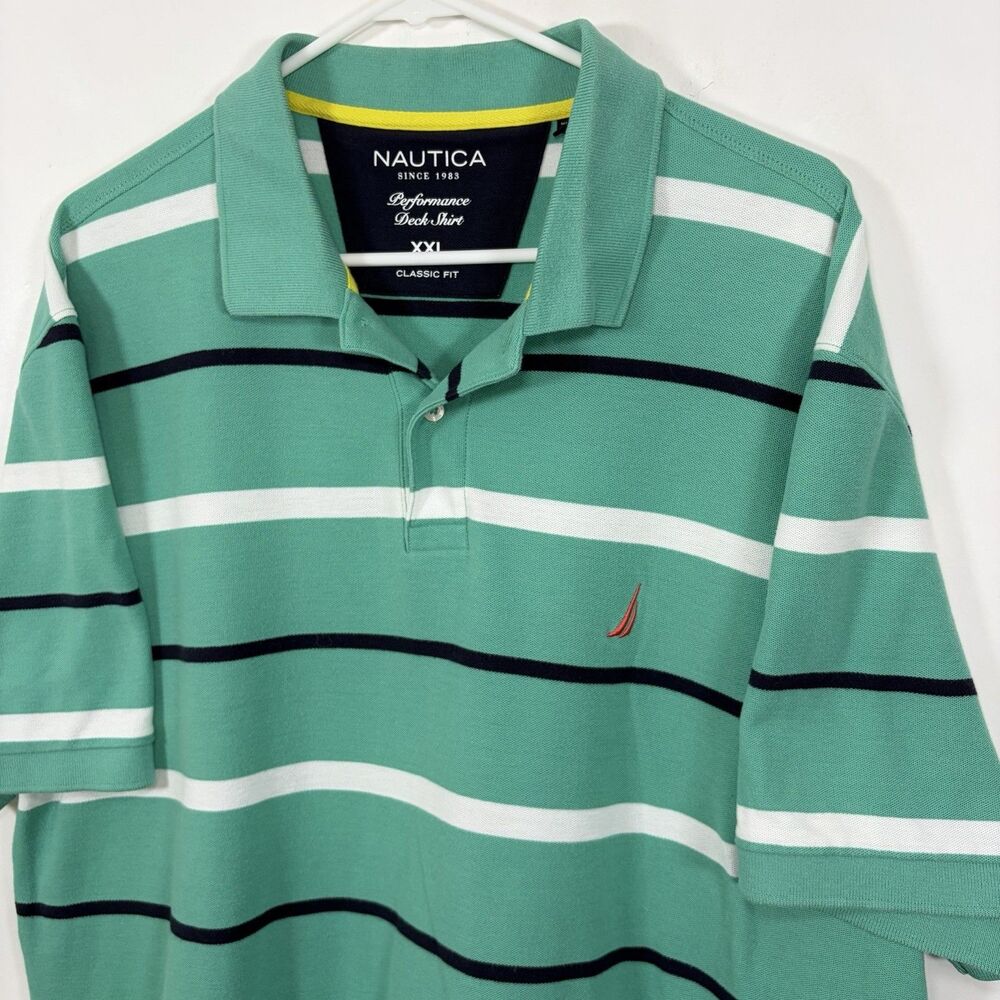 Nautica Performance Deck Polo Shirt Mens 2XL XXL Teal Blue Black White Striped